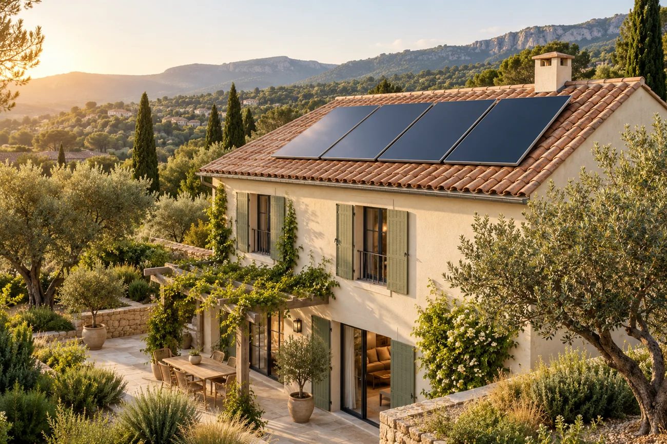 Illustration d’une maison avec des capteurs solaires thermiques